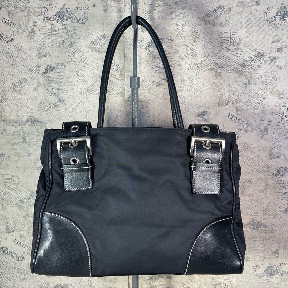 PRADA Vintage Tessuto Nylon Leather Trim Shoulder Bag Black Made in Italy